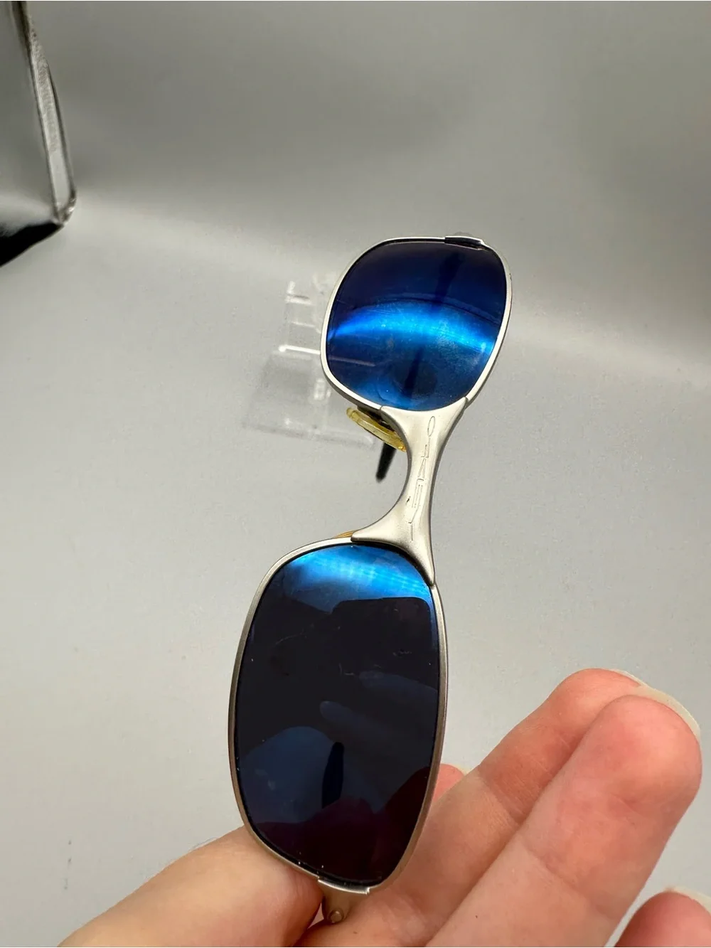 Oakley A Wire Sunglasses Silver Metal Frame Blue Mirror Lens Vintage